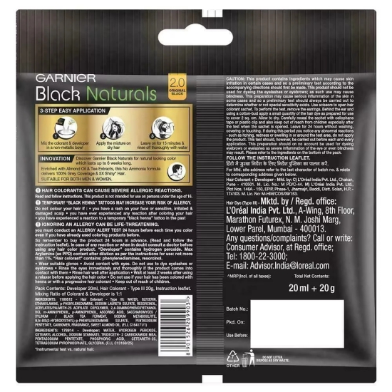 Garnier Black Naturals Original Black 2.0 Colour 20 Ml Plus 20 Gms