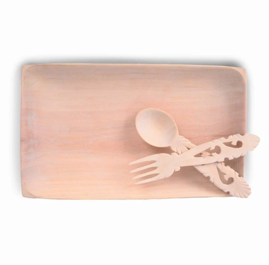 Wooden Serving Tray with Spoon and Fork