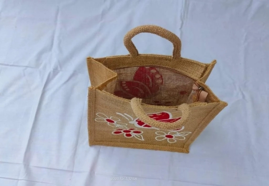 Hand-painted butterfly jute tote bag