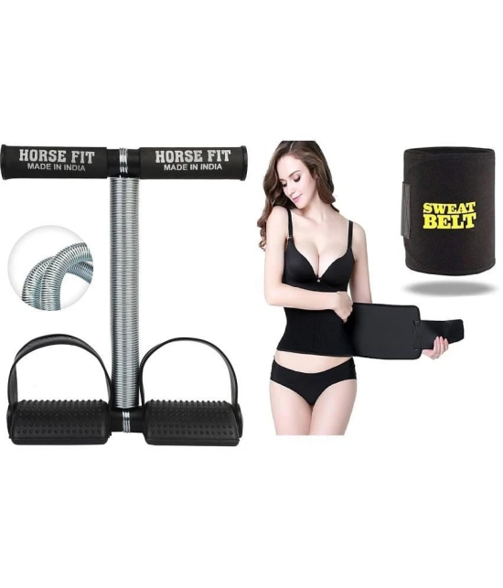 HORSE FIT Tummy Trimmer Single Spring and Sweat Slim Belt Combo Pack Abdominal Exerciser, For Home Gym (Men & Women) - Multi Color