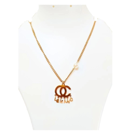 Anti Tarnish Gold Plated Pendant Necklace Chain with Letters & Pearl Stone For Girls & Women