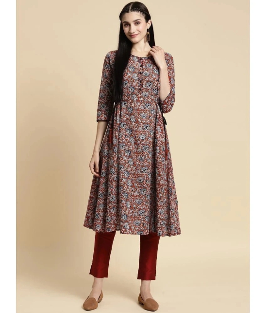 Rangita Women 100% Cotton Rust Floral Printed Calf Length Kalidar Kurti With Side Tie Ups - None