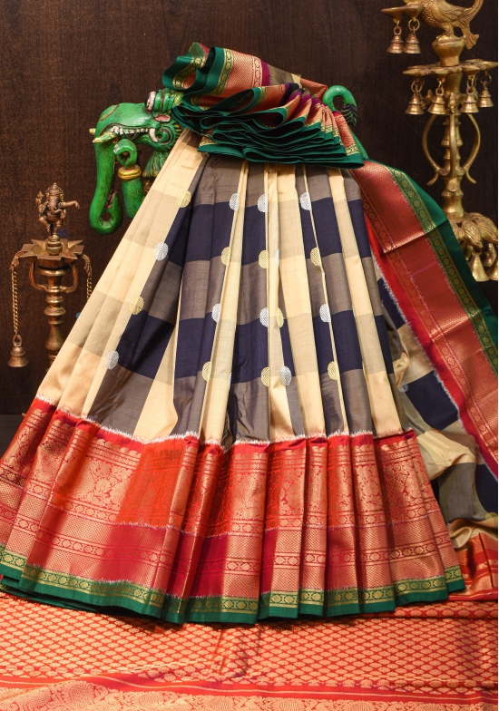 Beige and Black Kanjivaram Pure Silk Saree with Checks and Red Border | SILK MARK CERTIFIED