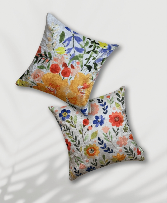 Flowery Strokes Modern Chic Designer Velvet Cushion Cover (Multicolour)