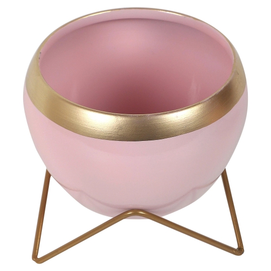 Apple Shape Metal Pink & Gold Planter (Set of 2)-Pink & Gold