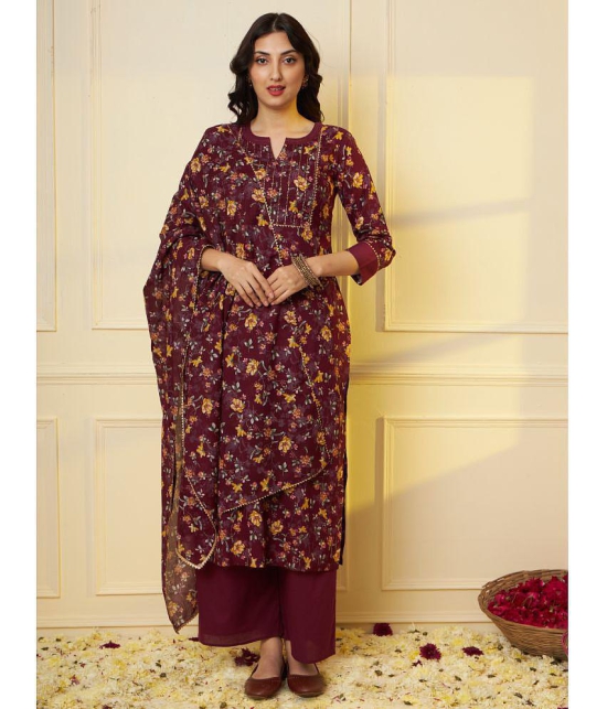 Tissu Cotton Printed Kurti With Palazzo Womens Stitched Salwar Suit - Maroon ( Pack of 1 ) - None