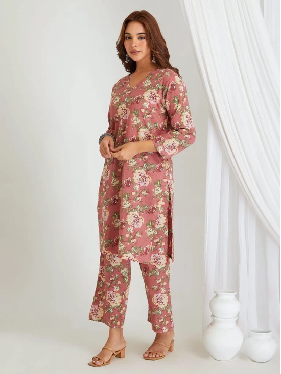 BREATHABLES Women Cotton Printed Loungewear Kurta and Pants Co-ord Set 3/4 Sleeve V Neck Comfort Loose Fit Pink I Night Wear | Co-ord set | Lounge Wear Set