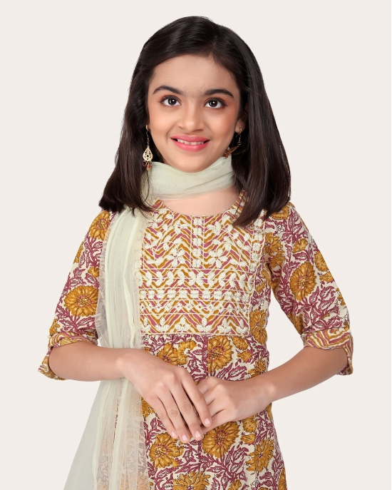 Kids Girls Embrodeary Cotton Printed Fullstiched Nayara Cut Kurtis with Bottom Dupatta set, Kid dresses-Yellow / 12 - 13 Years