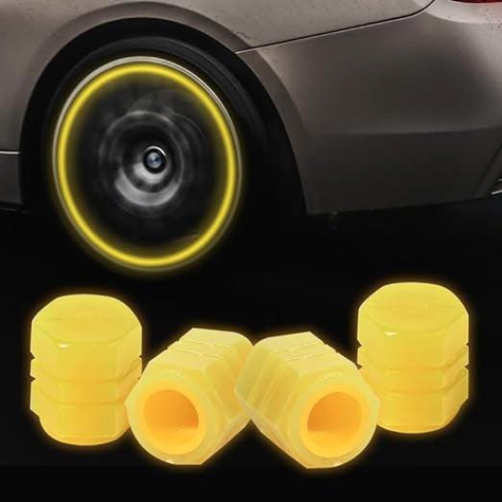 Fluorescent Tyre Valve Caps Illuminated Tire Cap Night Glow Luminous Wheel Covers Ideal for Cars and Bikes(Set of 4)-Yellow