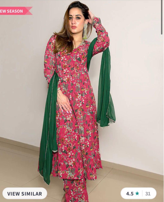 Floral Printed Anarkali With Trousers & Dupatta-XXL