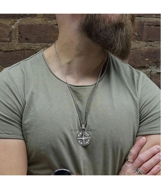 Fashion Frill Stylish Silver Chain For Men Stainless Steel Compass Silver Chain Pendant With Silver Bracelet For Men Boys Jewellery Combo - None