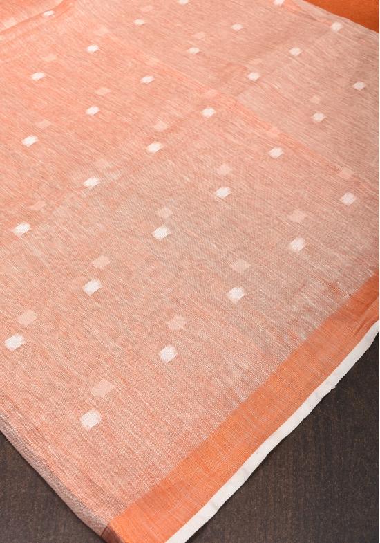 Peach Copper Tissue Linen Saree with Chunri Buttas and Tissue Pallu