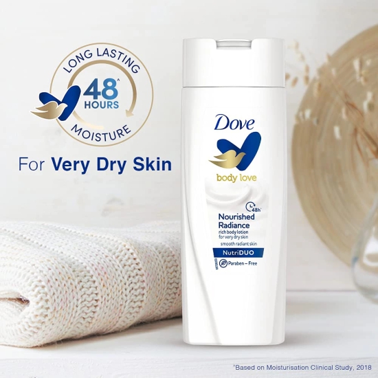 Dove Body Love Nourished Radiance Body Lotion For Very Dry Skin 48Hrs Moisturisation Paraben Free With Plant Based Moisturiser Soft Radiant Skin, 100Ml