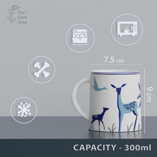 The Earth Store Stag Blue Coffee Mug Set of 4 to Gift to Best Friends, Coffee Mugs, Microwave Safe Ceramic Mugs,(300 ml Each)