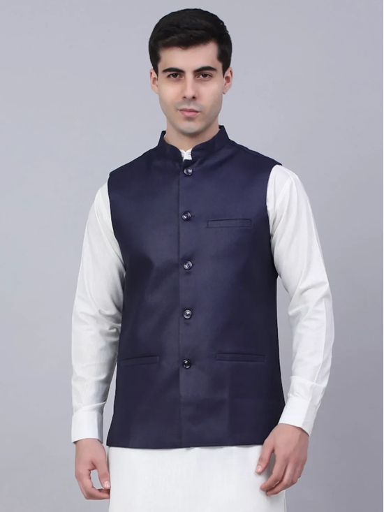 Men Navy Blue Solid Woven Sleeveless Nehru Jackets-S / Navy-Blue