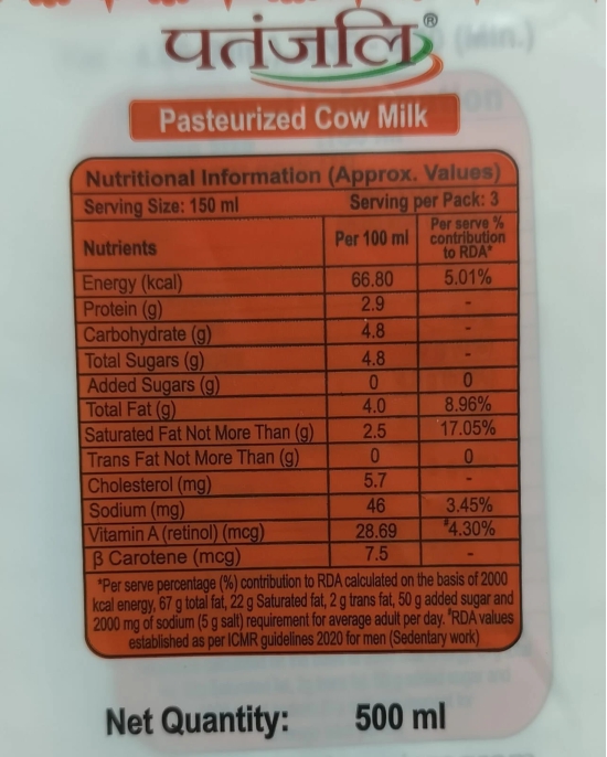 PASTEURIZED COW MILK 500 ML - T