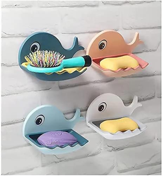 Fish Shape Soap Stand Holder for Bathroom Kitchen Double Layers Plastic Waterproof Wall Mounted Soap Bar Dish Holder Rack for Shower Wall, Kitchen, Bathroom (Pack of 4)