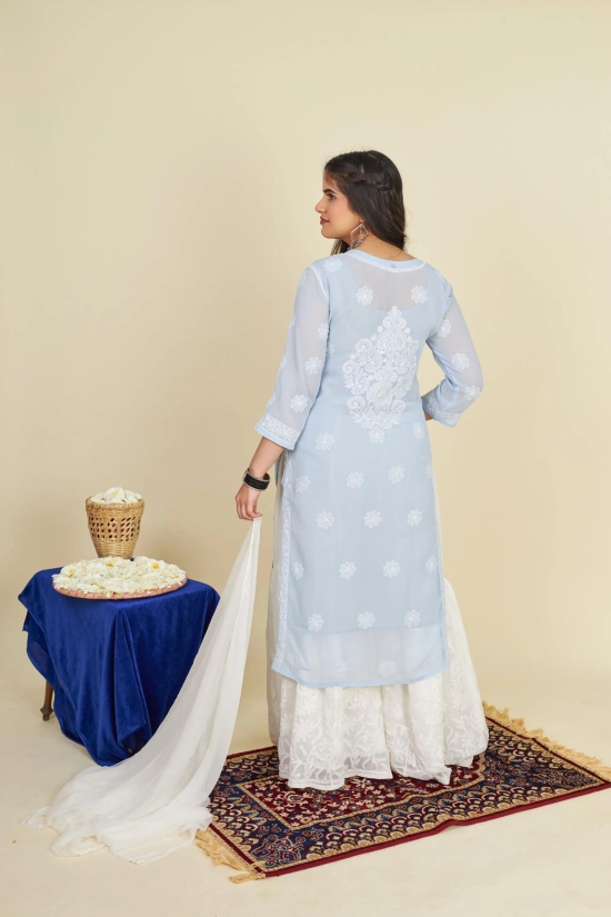 Georgette Chikankari  kurti- Sky Blue-Sky Blue / XXL