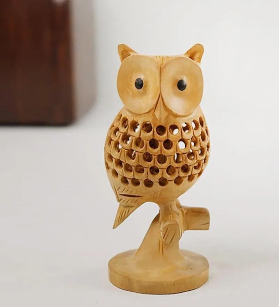 Handmade Brown Wooden Jalidar Owl Good Luck Sign Wooden Owl Sitting Tree Branch size 5 inch approx