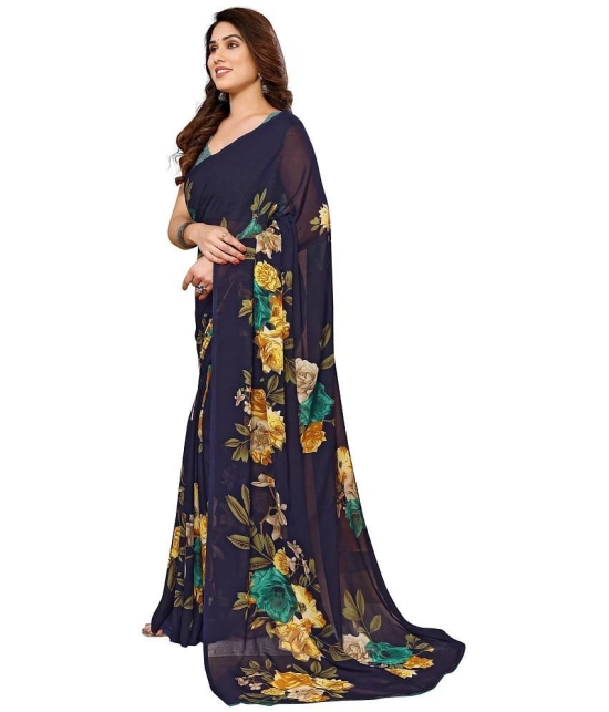 Anand Georgette Printed Saree With Blouse Piece - Navy Blue ( Pack of 1 ) - Navy Blue