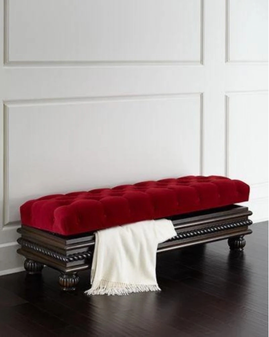 Carved Teak Wood Upholstered Flip top Storage Bench-Red