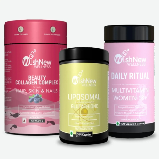 Wishnew Wellness Ultimate Women's Trio: Beauty Collagen Arctic Blueberry + Liposomal Glutathione + Daily Ritual Multivitamin Women 18+