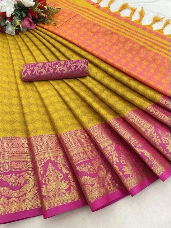 JULEE Kanjivaram Silk Woven Saree With Blouse Piece - Yellow1 ( Pack of 1 ) - Yellow1