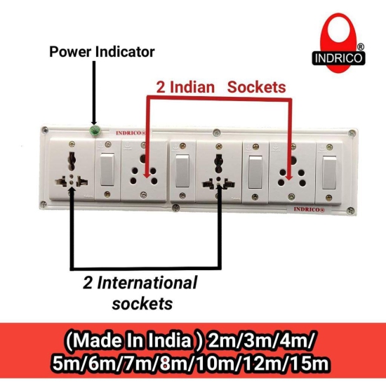 INDRICO? 4080 E-Book 4 + 4 Power Strip Extension Boards with Individual Switch Polycarbonate, Indicator, & 2 International sockets, White (Pack of 1)