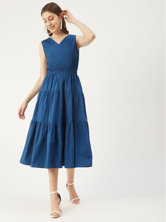 Moomaya Solid Cotton Sleeveless Dress, V-Neck Smocked Waist Tiered Midi Dress