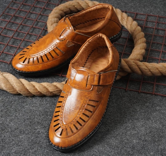 WUGO::Latest Fancy Men Faux Leather Sandals|Tan Roman Sandals|Outdoor Sandals For Mens & Boys (Free Home Delivery)