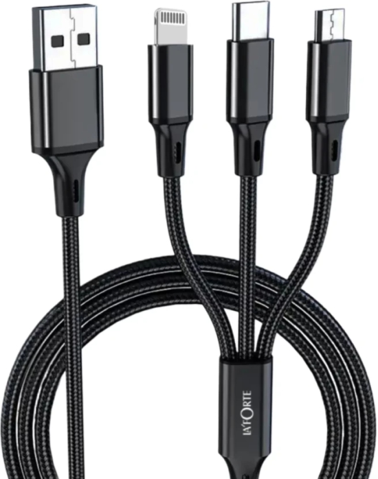 LA' FORTE 3 in 1 Premium Nylon Braided and Superior 1.2 M (Compatible with Micro USB, Type C, and Iphone  White, One Pcs)