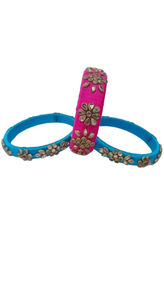 Silk Thread Bangles with Stone Work in Pink and Blue