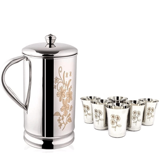 SHINI LIFESTYLE Steel floral design Jug with lid and 6pc Laser floral design glass, jug glass set