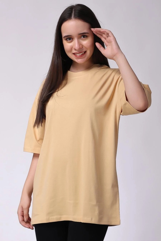 Womens Beige Plain Oversized Drop Shoulder T-Shirt-M / Beige