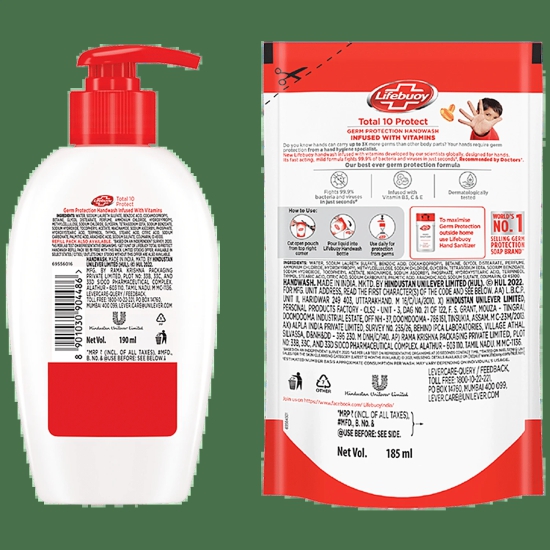 Lifebuoy Total 10+ Handwash - 99.9% Germ Protection, Active Silver 10+ Formula, 190 Ml (With Free Refill Pouch 185 Ml)