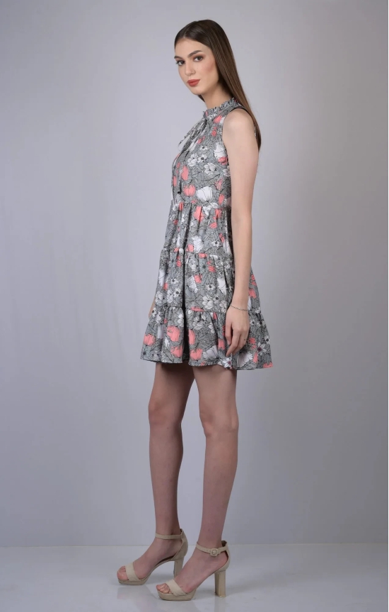 Grey Floral Print Fit and Flare Dress (OTL-DRS1001)-Grey / M