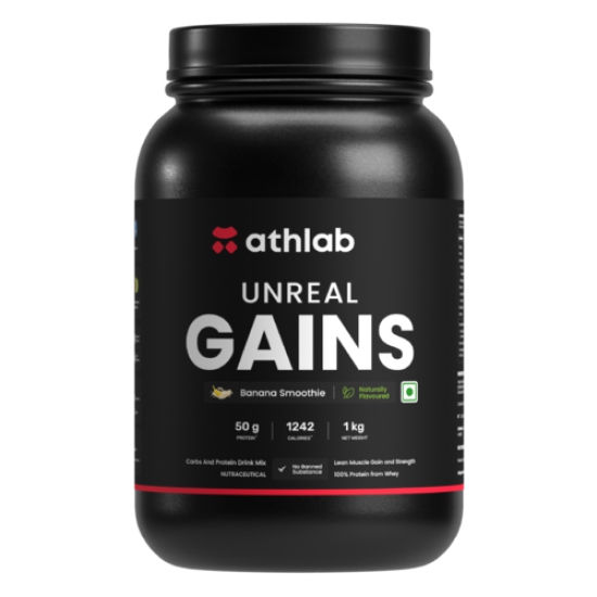 Athlab (by Nutrabay) Unreal Gains Mass Gainer | Organic Tapioca, Naturally Flavoured & Sweetened with Monk Fruit | 50g Protein, 1242 Caloreis, Easy Digesting Weight Gain Protein Powder - Banana Smoothie, 1 kg