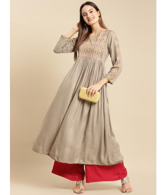 Rangita Women Rayon Olive Yoke Embroidered Calf Length Kurti Gathered At Waist - None