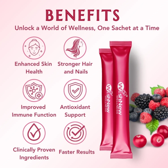 WishNew Wellness BEAUTY COLLAGEN COMPLEX | Radiant Hair, Skin & Nails | 21 Sachets with Collagen, Hyaluronic Acid, Biotin, Vitamins E & C, Rosehip & Curcumin Extracts | Enhanced Absorption Formul