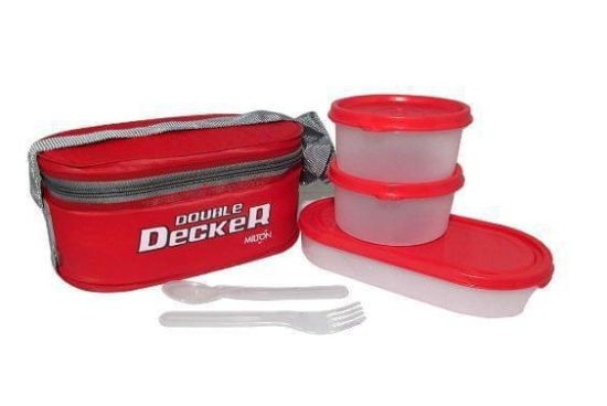 Milton Double Decker Lunch Box, (3 Plastic Container) Red