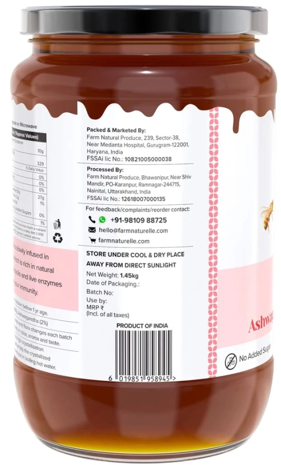 Farm Naturelle-Pure Raw Delicious and Immunity Booster Real Ashwagandha Infused Forest Honey,Immense Medicinal Value Naturally-1.45kg and a Wooden Spoon.