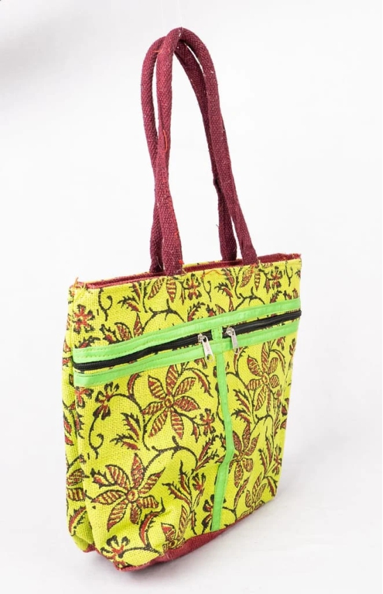 Floral Print Jute Tote Bag with Zipper Closure