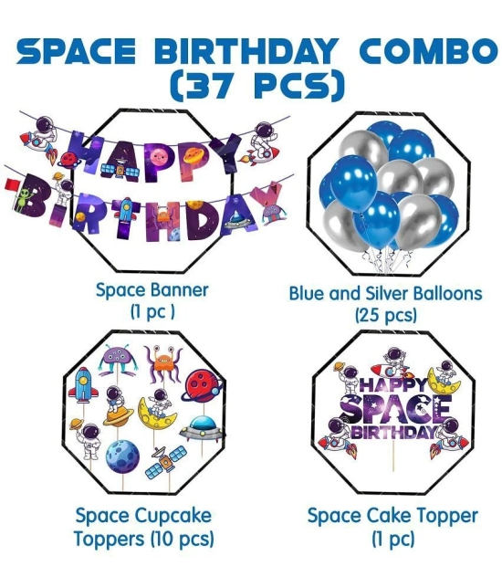 Zyozi Space Kids Space Birthday Party Decoration - Blue Astronaut Spaceship Theme Happy Birthday Banner Hanging Solar System Spiral Planet Card Childrens Gifts Cake Insert Supplies Set - Ass