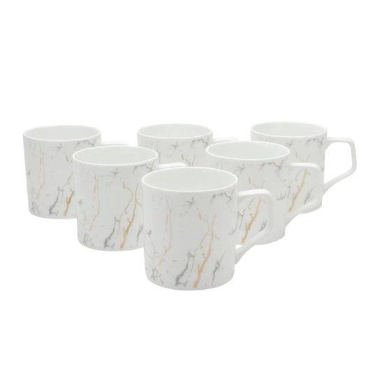 Clay Craft Marble Monochrome 220 ML White Gold Coffee & Tea Mugs | White | Set of 6 Pcs