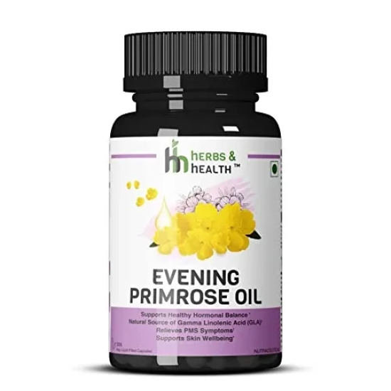 Herbs & Health Evening Primrose Oil Capsules 500 mg For Healthy Skin Supports Hormonal Balance in Women Helpful in PMS & Menopause Natural Oil Extract 30 Liquid Filled Vegetarian Capsules