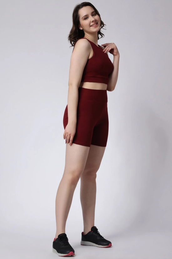 Womens Maroon Gym Co-Ord Set Ribbed Sleeveless-M / Maroon