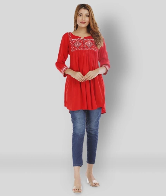 HIGHLIGHT FASHION EXPORT - Red Rayon Womens Asymmetrical Kurti ( Pack of 1 ) - L