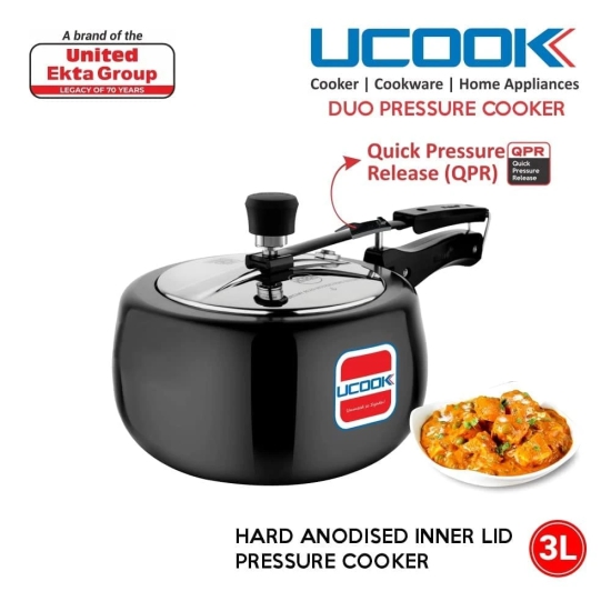 UCOOK By UNITED Ekta Engg. Royale Duo 3 Litre Hard Anodised Aluminium Inner Lid Induction Base Pressure Cooker With Stainless Steel Lid, Black