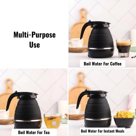 Kuber Industries Pack of 3 Foldable Electric Kettle 600ML, Silicone Body, 304-Stainless Steel Base, Leak Proof, Portable, 600W, Black.-Kuber Industries Pack of 3 Foldable Electric Kettle 600ML, S