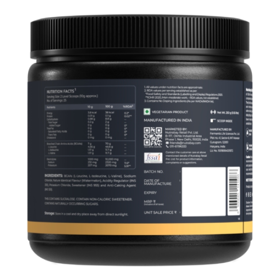 Nutrabay Gold BCAA 4:1:1 with Electrolytes - 7g Vegan BCAAs, 1000 mg Electrolytes - Intra/Post Workout Energy Drink - 300g Watermelon